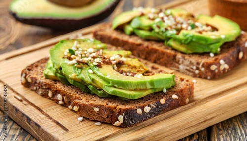 Crispy rye toasts with avocado on wooden board. Tasty and healthy breakfast.