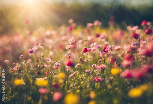 Flower field in sunlight, spring or summer garden background in closeup macro view or flowers meadow field in morning light © Mohsin