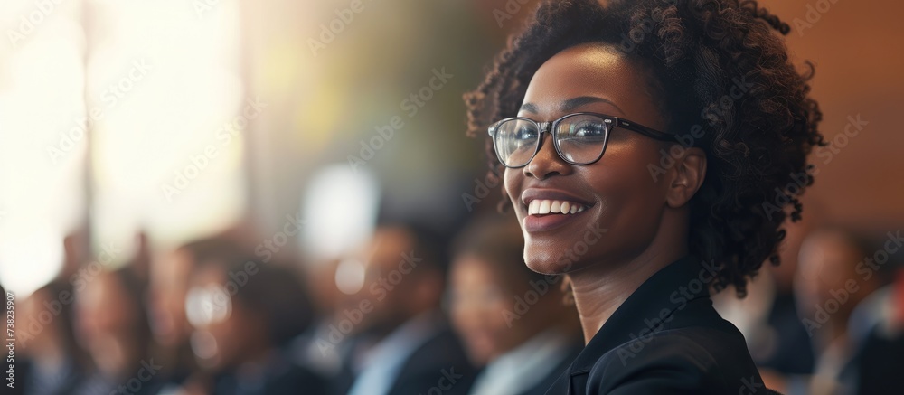 A businesswoman is smiling during a conference presentation. - obrazy, fototapety, plakaty 