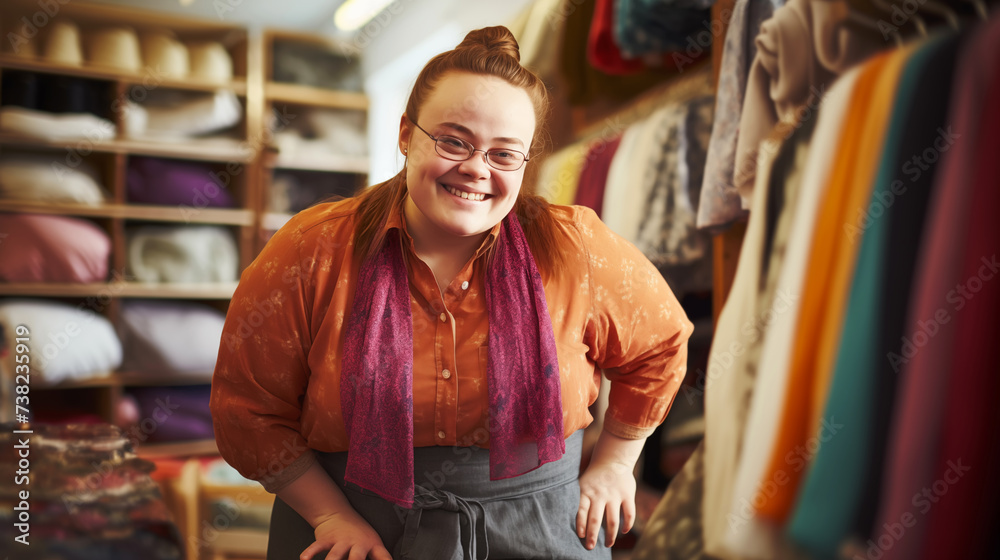 Smiling Young Woman with Down Syndrome Working in clothing store