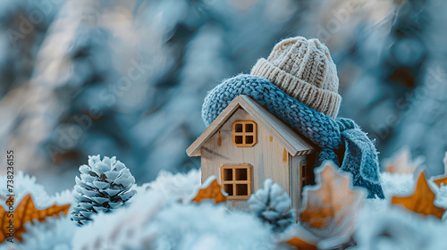 A wooden toy house in the snow in winter is covered with a hat and wrapped in a scarf the concept of keeping warm, A wooden toy house in the snow in winter, Generative Ai 