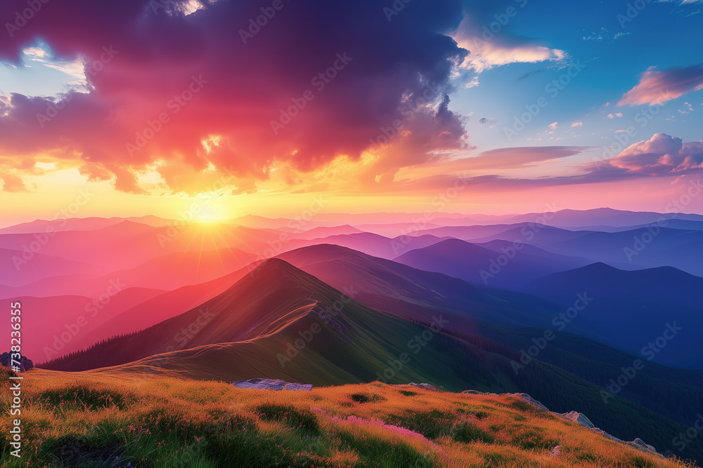 Amazing mountain landscape with colorful vivid sunset on the cloudy sky, natural outdoor travel background. Beauty world 