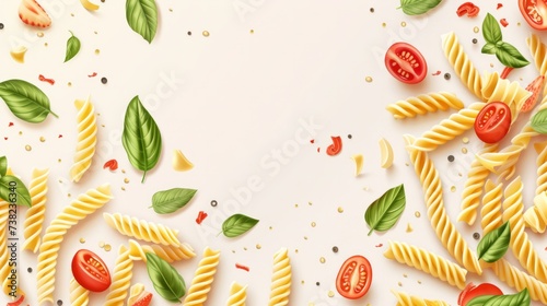 Illustration top view background with raw fussili pasta