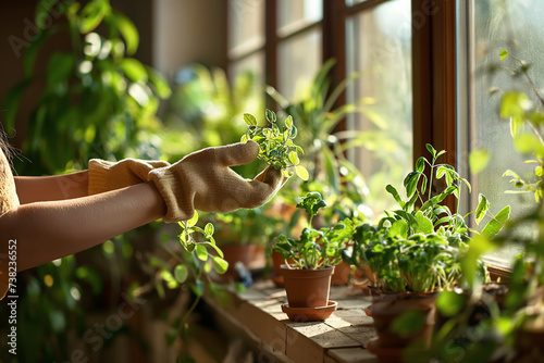 Hands in gloves caring for a young plant, gardening concept