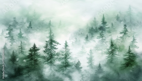 Vintage retro style misty mountain landscape with fir forest in dark green and light gray fog