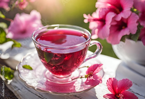 Hibiscus tea in tea cups with pink flowers to drink eat in beautiful spring day outside