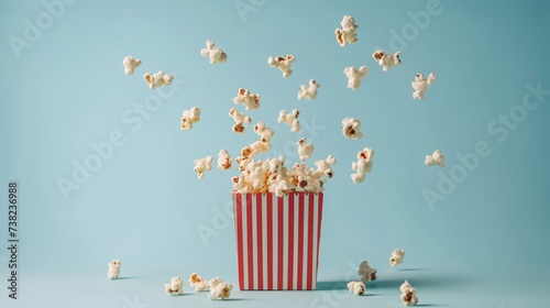 Scattered delicious popcorn from red striped box on pastel blue background with copy space
