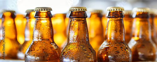 Cold Beer Bottles in a Row, Refreshment Concept for Bar or Pub, Celebrating with Lager in a Festive and Social Environment