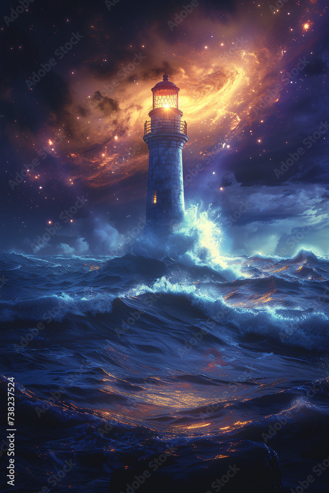 Lighthouse amidst turbulent waves, under ethereal glow of clouds and stars.