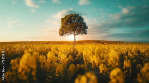 A lone tree standing amidst a vibrant canola field, set against a dramatic sky
