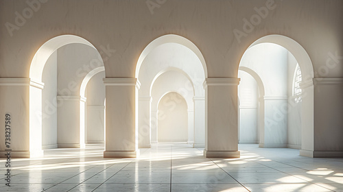 Serene space with arches casting soft shadows  bathed in natural light