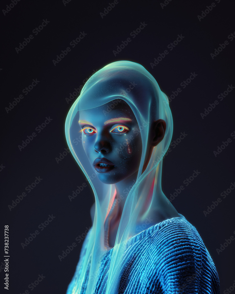 A person’s face, obscured and highlighted in neon lights, exudes a mysterious aura