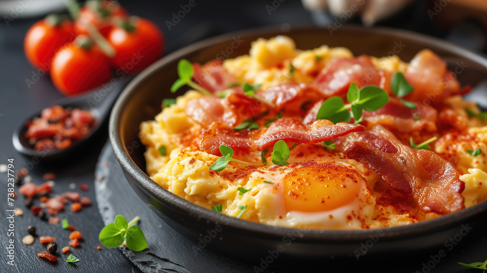Appetizing scrambled eggs and bacon Appetizing scrambled eggs and bacon