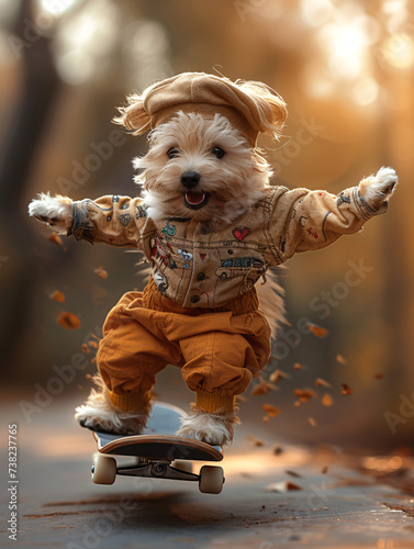 Joyful dog in a yellow outfit skateboards amidst falling autumn leaves © RuslanWowAI