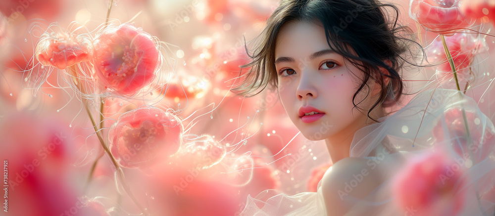 Portrait of a beautiful Japanese girl surrounded by pink flowers. Portrait of a beautiful Japanese girl surrounded by pink flowers.