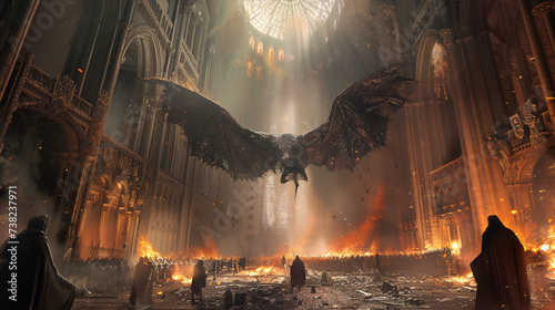 Dragon spreads wings in grand, burning cathedral, robed figures watch in awe photo