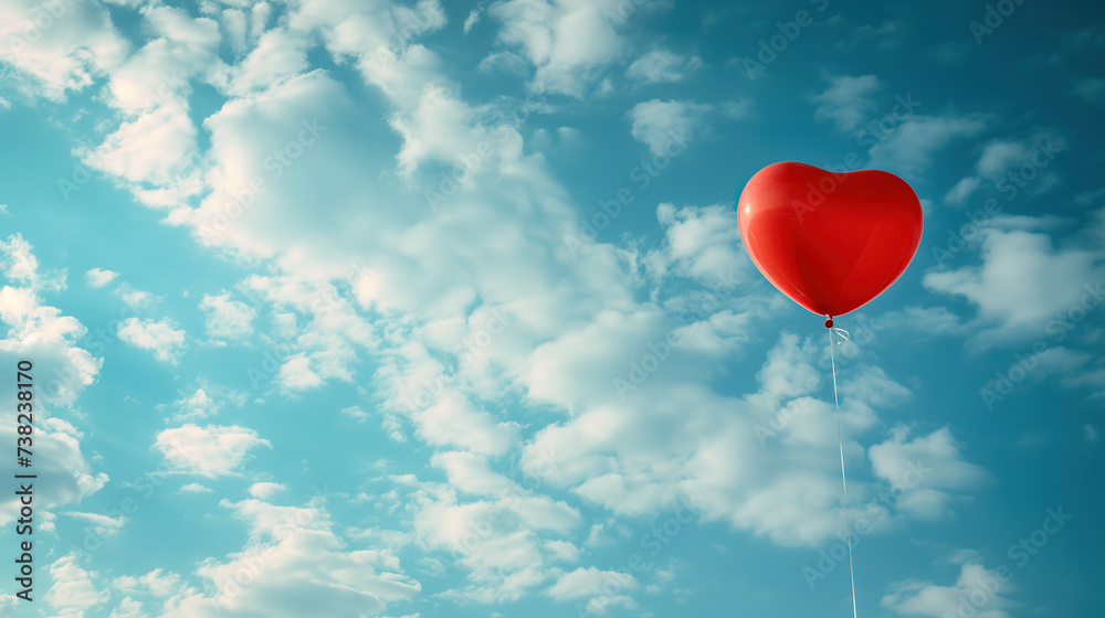 A red heart balloon is floating in a blue sky A red heart balloon is floating in a blue sky