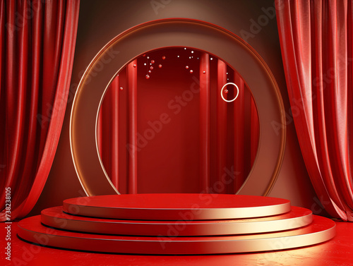 Luxurious red stage with curtains, circular backdrop, and steps photo