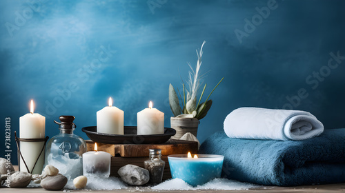 Spa concept, lit aroma candles, sea salt, stones, and terry folded towels on a blue background. Generative AI