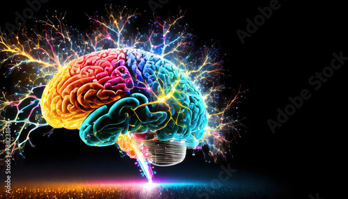Wallpaper Mural ADHD in Colors: Electric Bursts Illustrating a Colorful Brain on a Black Background with Copyspace Torontodigital.ca