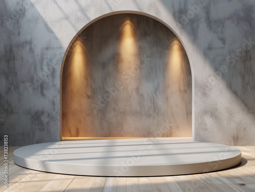 Serene marble structure with arches and steps, illuminated by soft vertical lights. photo