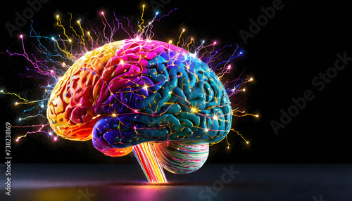 ADHD in Colors: Electric Bursts Illustrating a Colorful Brain on a Black Background with Copyspace photo