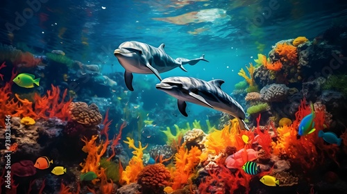 Dolphins underwater near the beautiful colorful coral reef. Dolphins approaching water surface © origami88