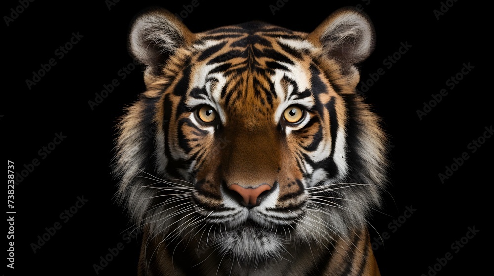 Beautiful tiger head isolated on black background with copy space