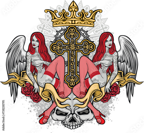 Gothic sign with skull girls, grunge vintage design t shirts
