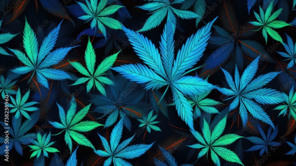  Background with Blue marijuana leaves - obrazy, fototapety, plakaty 