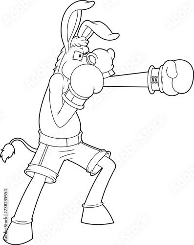 Outlined Angry Donkey Jackass Cartoon Character Boxer With Boxing Gloves. Vector Hand Drawn Illustration Isolated On Transparent Background