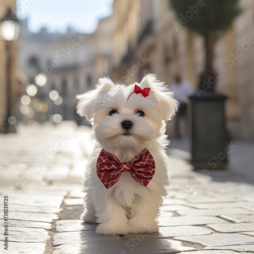 small white maltese dog with little red bow walking on the street generative ai