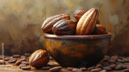 A bowl of cocoa beans, a staple food ingredient, sits on a table made of wood photo