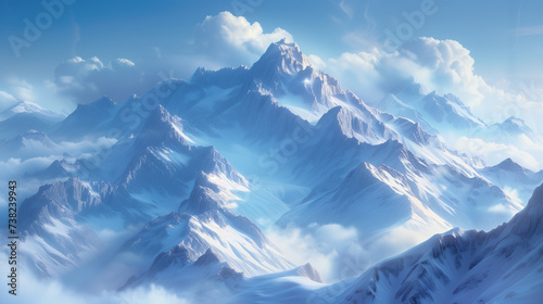 A mountainous landform covered in snow with clouds against the blue sky photo