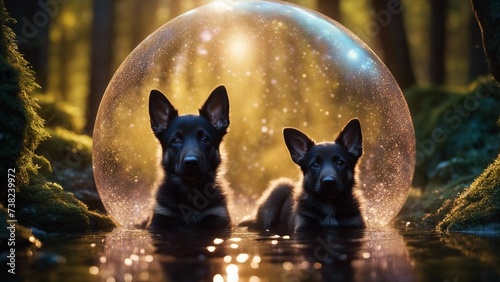 dog in the water highly intricately detailed photograph of Little German shepherd dog puppy inside a warp bubble 