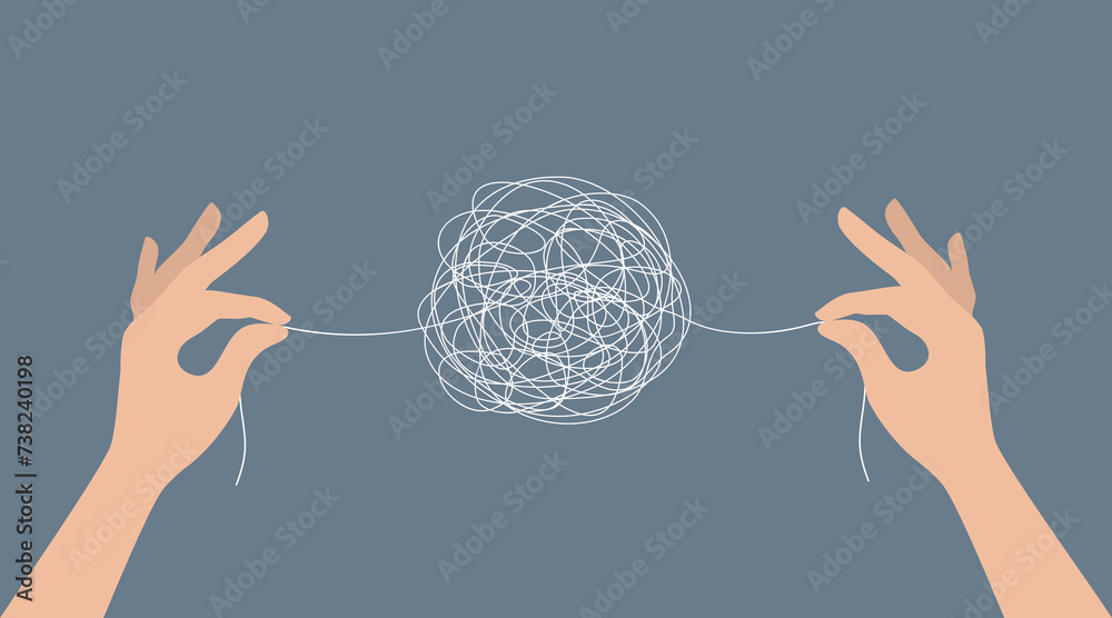 © Alrika  - Two hands untangling a ball of thread. Problem solving concept. Flat vector illustration