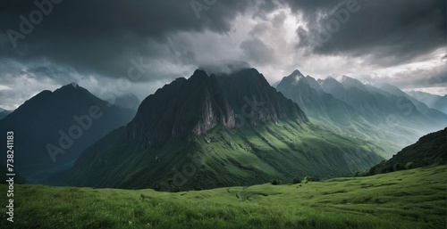 a green valley with mountains and clouds.  Generative AI. photo