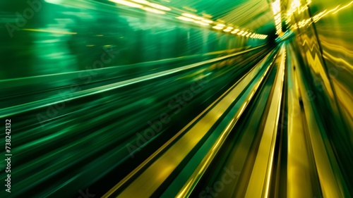 Green background of train moving through future rail tunnel bridge with blurred motion showing rapid movement.