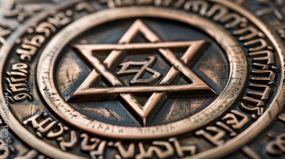 Fototapeta premium Passover plate macro with inscriptions and symbols, emphasizing cultural and religious significance.