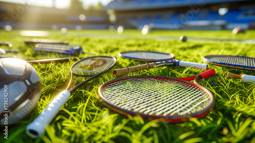 Badminton Equipment on Grass, Concept of Outdoor Sports and Active Lifestyle, Recreational Game in Park Setting, Focus on Leisure and Fun © Rabbi