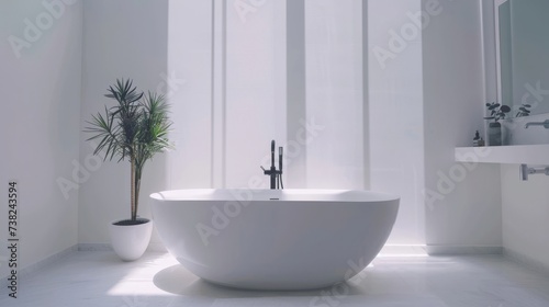 Clean White Bathroom with Central Large Bathtub AI Generated.