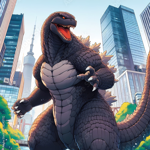 Godzilla attacking tokyo sky tree, sunny, day anime illustration