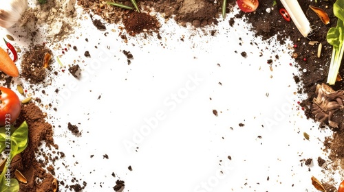Generative AI, frame of food waste compost and soil, environmental concept, white background, biodegradable kitchen waste, composting organic food photo