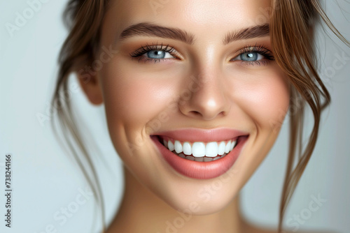 Close-up Portrait of a Joyful Woman with a Bright Smile and Perfect Teeth
