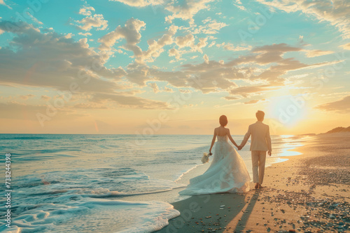 Newly married couple walking along the beach during summer.