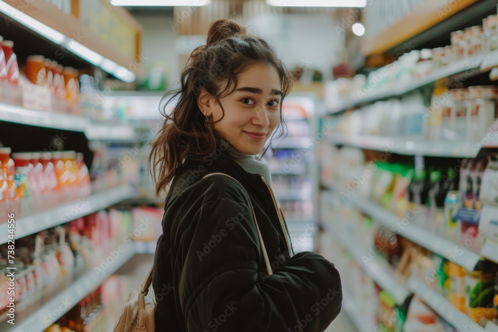 Young woman walking while using her mobile phone in the supermarket and looking at the camera. 