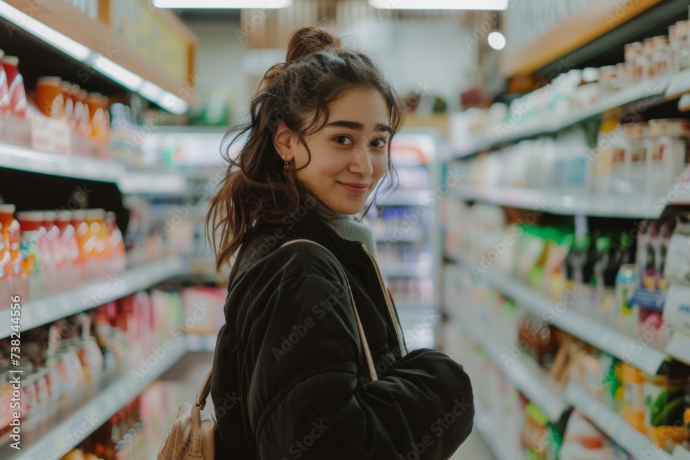 Young woman walking while using her mobile phone in the supermarket and looking at the camera. Young woman walking while using her mobile phone in the supermarket and looking at the camera.