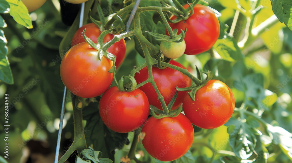 A of ripe crimson tomatoes hangs from a vine promising a burst of sweetness and tartness in each mouthwatering piece. The glossy skin reflects the gardens lush greenery and