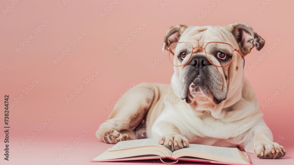Cute dog reading the book on peach fuzz background