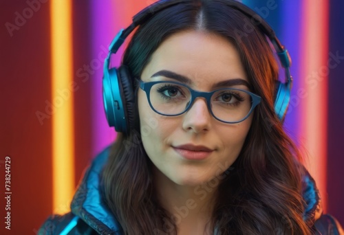 A bright young girl with headphones is listening to music on a multicolored background. Close-up.